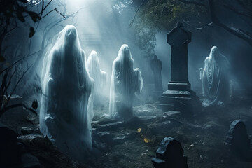 Ethereal Graveyard Scene with Misty Tombs and Ghostly Figures in Moonlight