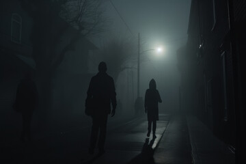 Shadowy Figures Emerging Through the Dense Fog on a Desolate Street at Night