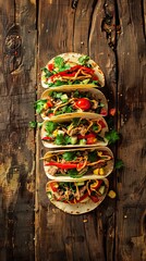 This stock photo shows three tacos with vegetables and meat on a wooden background from a top-down view. Cinco de Mayo celebration idea.