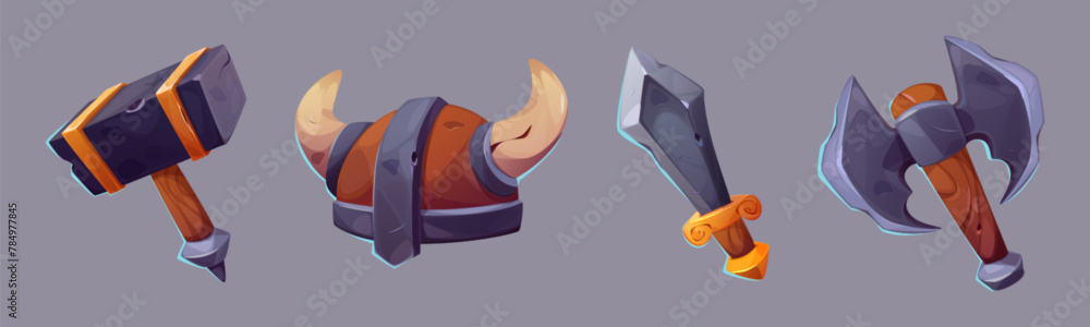 Poster medieval viking fantasy game rpg ui vector icon set with sword, weapon and helmet. warrior item desi