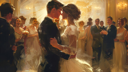 Elegant Couple Dancing at Wedding Reception with Guests - obrazy, fototapety, plakaty
