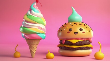 An ice cream cone and burger with smiley faces drawn on them, sitting side by side on a checkered picnic blanket, with a sunny park in the background. 