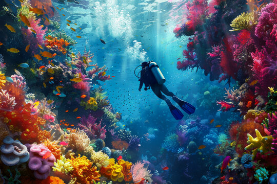 Scuba Diver Exploring Colorful Coral Reef in Tropical Ocean