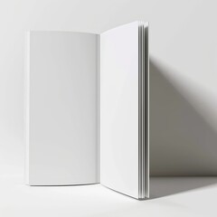 Opened blank book standing upright on a white backdrop with soft shadow, symbolizing possibility and creativity.