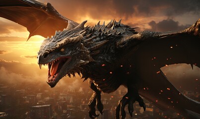 Large Dragon Standing on City