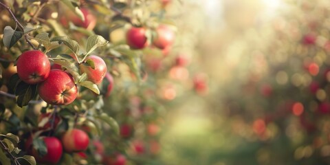 Sunlit apple orchard with ripe red apples on the branches, symbolizing harvest and autumn abundance.
