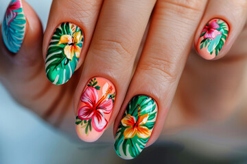 Tropical Paradise on Nails: Exquisite Floral Nail Art with Lush Greenery