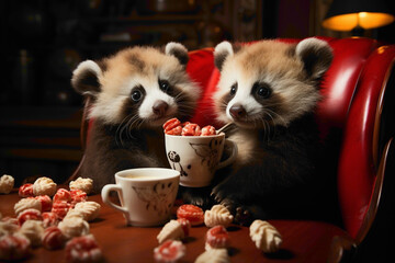 Adorable baby pandas sipping milk from a feeder against a solid red background, their fluffy fur...
