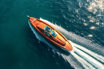 Aerial view of luxury motorboat floating on the sea - obrazy, fototapety, plakaty