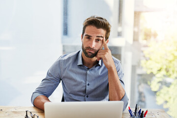 Confused, burnout and portrait of businessman with laptop in office with stress, fatigue or...