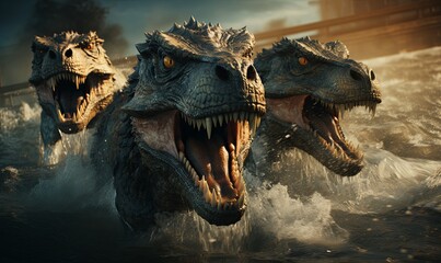 Group of Dinosaurs With Open Mouths in Water