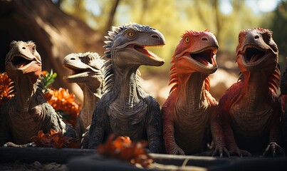 Group of Dinosaurs Standing Together - obrazy, fototapety, plakaty