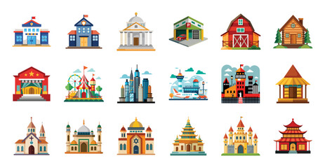 Buildings flat icons vector cartoon illustration. Cute school house, mosque, theater skyscraper, garage, prison, amusement park, castle clipart for city architecture.