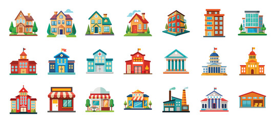 City buildings flat icons vector cartoon illustration.. Cute victorian house, townhouse, school, hospital, shop, factory, bank, public library, police station clipart for architecture.