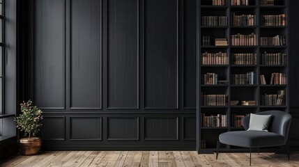 A gray armchair is placed in front of a large bookcase filled with many books