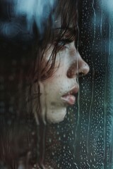 The reflection of a woman in a rain-soaked window, her face etched with contemplation and a touch of melancholy, as she gazes out at the stormy skies
