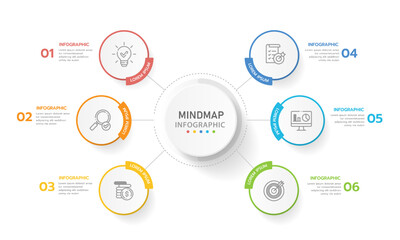 Infographic template for business. 6 Steps Modern Mindmap diagram with rectangle topics, presentation vector infographic.