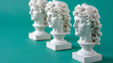 Obraz premium Ancient classical marble gypsum stoic, roman, greek bust, busts head sculpture against a colored background representing historical figures 