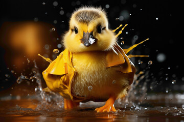 A yellow duckling in rain boots, splashing through a puddle on a yellow background.