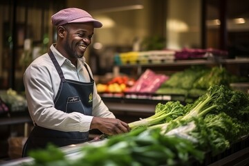 Naklejka premium Joyful African-American seller selects vegetables in a vegetable shop for a customer.