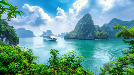 A large cruise ship navigates through the water, flanked by lush green trees in a tropical bay setting - obrazy, fototapety, plakaty