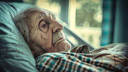 An elderly man lies peacefully in a hospital bed, surrounded by soft light and gentle care