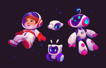 Naklejka premium Kid astronaut in costume with helmet and cute cosmonaut robots floating in outer space. Cartoon vector illustration of little child spaceman with robotic assistant or friend for cosmos adventure.