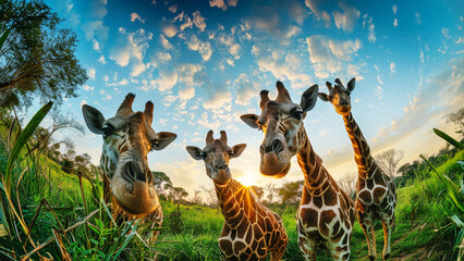 A group of elegant giraffes stand together in a lush forest, their long necks reaching for leaves high in the trees