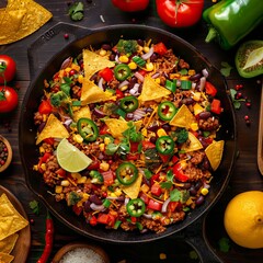 Top view tasty mexican food with vegetables. Cinco de Mayo celebration idea.
