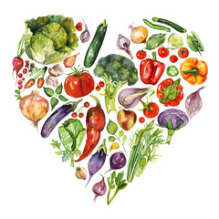 The illustration features a heart shape formed by a collection of watercolor vegetables with a variety of textures and colors. Leafy green lettuce and a robust, verdant broccoli crown create the upper