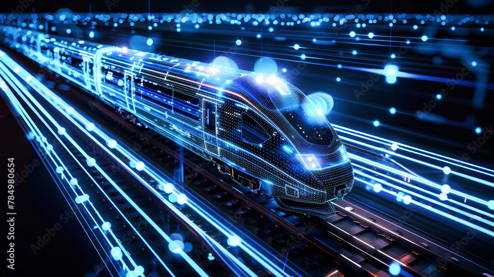 Poster a modern passenger train moves through a tunnel filled with mesmerizing blue lights, creating a surr
