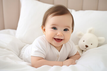 Joyful Infant with Radiant Blue Eyes and a Soft White Toy on a Cozy Bed