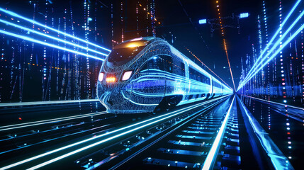 Fototapeta na wymiar A modern passenger train glides through a tunnel illuminated with a mesmerizing array of vibrant lights