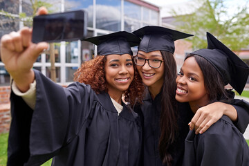 Students, graduation and friends on campus with selfie for success, photograph and memory of...