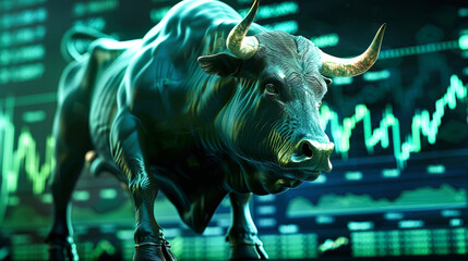 A bull stands confidently in front of a detailed stock chart, symbolizing bullish market sentiment and positive growth in the stock exchange