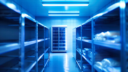 A long row of shelves in an industrial freezer room is filled with an abundance of bottles, neatly organized and ready for storage
