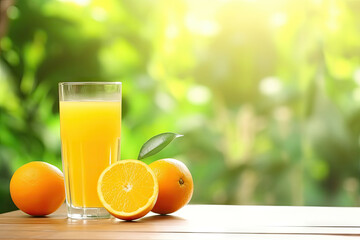  Fresh Orange Juice in a Glass with Whole Oranges on a Sunny Table