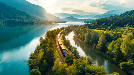 A train moves through a dense green forest, surrounded by vibrant foliage and tall trees - obrazy, fototapety, plakaty