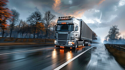 A cargo semi-truck is seen driving down a highway at dusk, with the fading light creating a moody...
