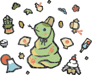 年賀　2025　年賀状素材　巳年　巳　へび　判子　版画　アイコン　あしらい　かわいい　和風　イラスト