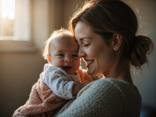 Mother playing with her baby at home. Happy loving family concept.