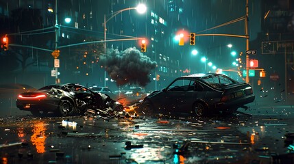 Dramatic Nighttime Car Accident Scene in Urban Setting, Emergency and Chaos on Rainy Street, Cinematic Style Image for Storytelling. AI