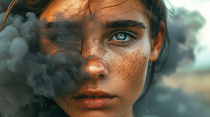 Woman With Freckles and Smoke Coming Out of Eyes
