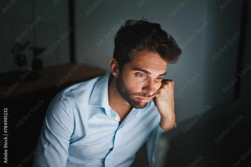Poster Man, tired and bored in office with computer for coding, programming and software development at night. Business fatigue, late or night for information technology and engineer with burnout in dark