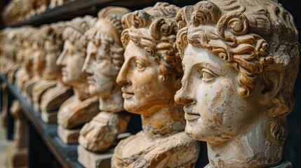 Naklejka premium Ancient classical marble gypsum stoic, roman, greek bust, busts head sculpture against a colored background representing historical figures 