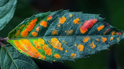 Abstract Leaf Art: A close-up photo of a single leaf with colorful abstract markings