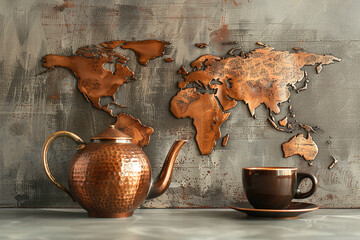 Still life with tea. A cup of coffee and a teapot on the background of a world map. Copper shades and gray concrete. - obrazy, fototapety, plakaty