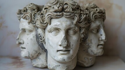 Obraz premium Ancient classical marble gypsum stoic, roman, greek bust, busts head sculpture against a colored background representing historical figures 