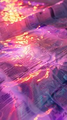 a close-up of a newspaper with a pink and purple hue - obrazy, fototapety, plakaty