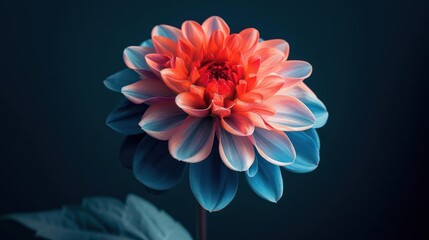 A vibrant orange and blue dahlia flower is set against a black background - Powered by Adobe